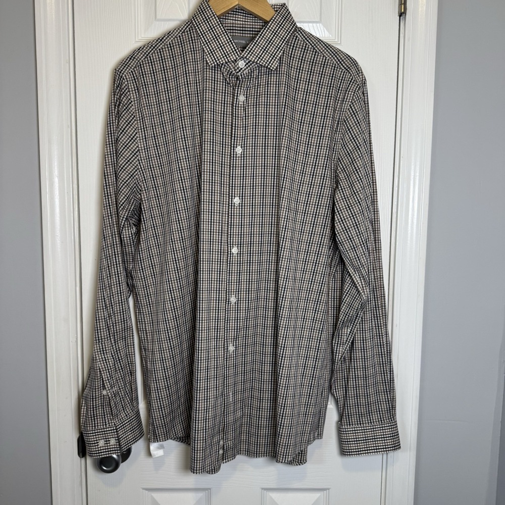 Mens Michael Kors Slim Tall Travel Stretch Brown Black Check Plaid 17 36/37 XL